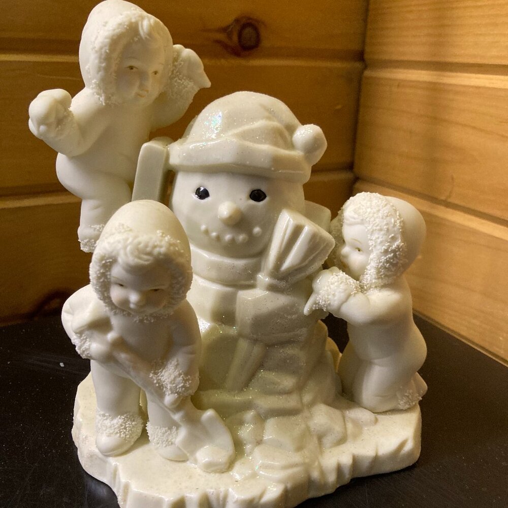 Vintage Snowman & Children Winter Figurine – Glitter Finish – Holiday Decor